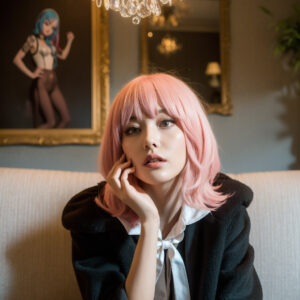 ピンク髪が正面を向いて座っている